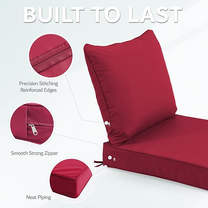 24x24 Inch Outdoor Chair Cushions Set of 4, Patio Furniture Cushions - Removable Cover, Water-Repellent, Fade-Resistant, Non-Slip Bottom & Straps, Replacement for Deep Seat Sofa & Couch - Burgundy