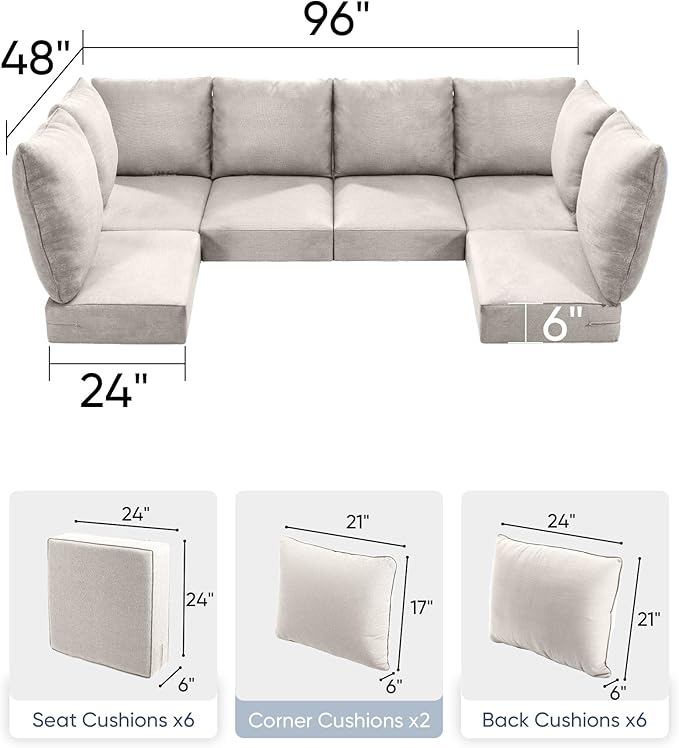 Luxury 24x24x6 Outdoor Seat Cushions for 6-Seat Sectional Sofa Set of 6 - Water-Repellent 14-Piece Patio Cushion Set for Outside Rattan Wicker Loveseat Chair L-Shape Couch - Beige/Classic