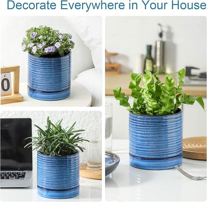 HASENSE Ceramic Plant Pots Indoor Outdoor, 6 Inch Pot for Plants with Drainage Hole and Saucer, Reactive Glaze Blue Modern Planter for Housewarming
