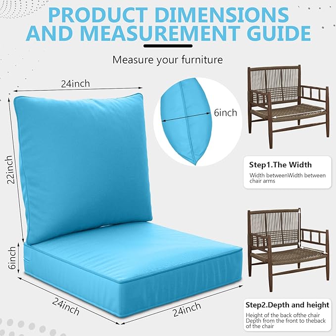 24" x 24" x 6" Outdoor Deep Seat Cushions Set - 2 Set Waterproof & Fade Resistant Patio Furniture Replacement Cushions, Non-Slip Outdoor Cushions Fit Loveseats, Couches, Chairs, and Sofas.