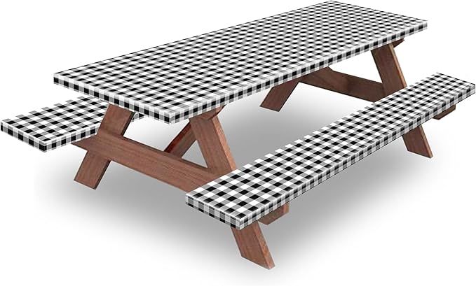 KENOBEE 7ft Picnic Table and Bench Cover, Camping Essentials RV Gear, 84 in Waterproof Windproof Outdoor Elastic All Around Tablecloth, Fitted Rectangle Tables and Seats, Black-White Checkered
