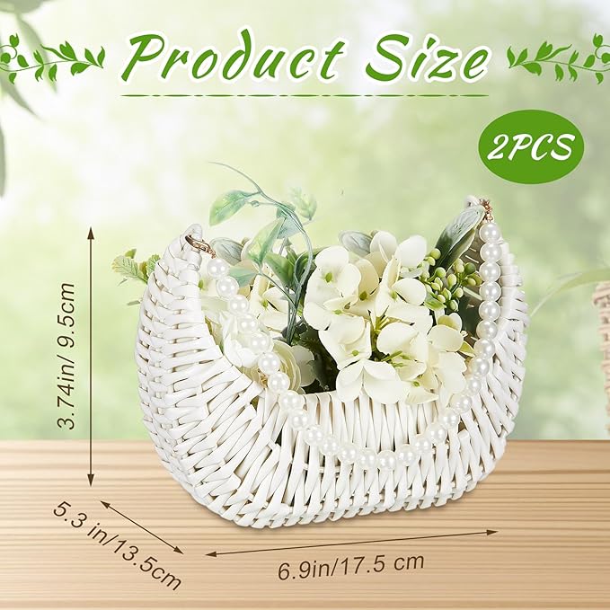 Taiyin 2 Pcs Rattan Flower Girl Basket with Pearl Handle Small Half Moon Wicker Basket for Wedding Flower Girl Picnic Garden Storage and Home Decor (White)