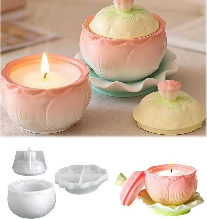 3Pcs Lotus Flower Jar & Leaf Tray Silicone Mold Set with Lid, Epoxy Resin Candle Making Molds, Concrete Planter Molds for DIY Jewelry Box, Candy Dish, Soap Holder, Home Decor Craft Gifts