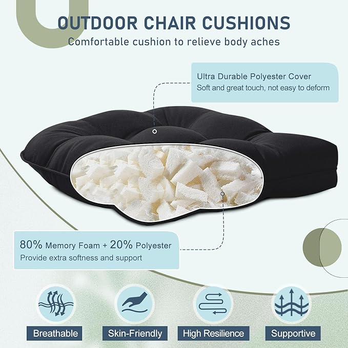 downluxe Outdoor Chair Cushions Set of 4 for Patio Furniture, Waterproof Tufted Overstuffed Patio Furniture Cushions, Thick Outdoor Seat Cushion, 19" X 19" X 5", Black
