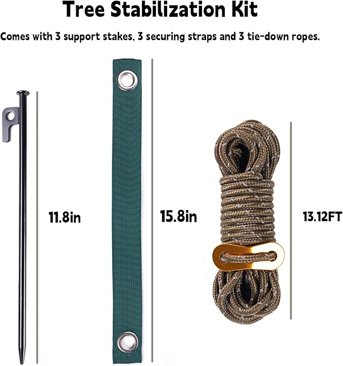 Tree Support Stake Kit with 11.8 Inch Steel Stakes, 13.12 Feet Rope, Straps for Young Trees, Anti-Wind Protection, 3-Piece Set (11.8 Inch 3 Stakes)