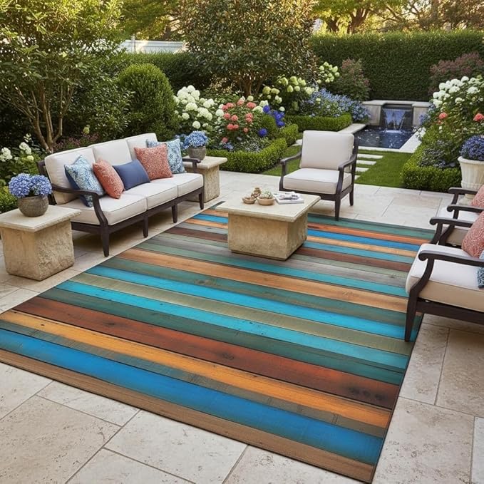 Teal Blue Brown Vintage Striped Old Wooden Plank Outdoor Rug 3x8 Wooden Board Waterproof Outdoor Area Rug for Garden Balcony Backyard Camping Porch Deck Carpet No Slip Washable Floor Mat Multicolor