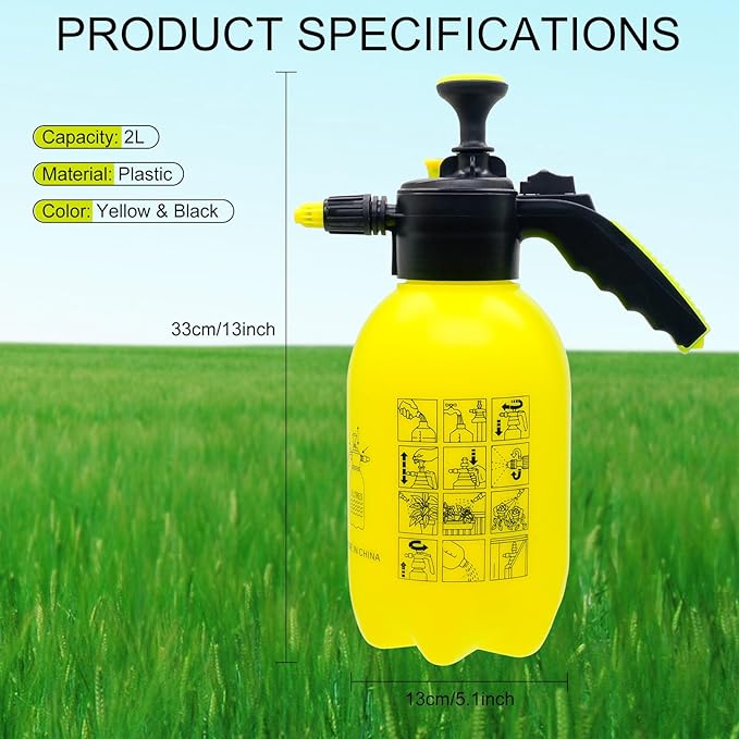 68oz Garden Pump Sprayer, 2L Hand Pressure Sprayer Bottle with Safety Valve, 0.5 Gal Lawn Adjustable Sprayer for Plant Mister Spraying Weeds Home Cleaning Watering (Yellow)