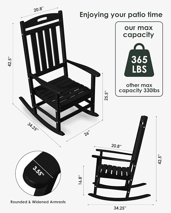 Outdoor Rocking Chair Set of 6, All-Weather Resistant Poly Lumber Rocker Chair Outdoor, High Back Plastic Patio Rocking Chairs for Outside Porch Rocker Garden Lawn, Black