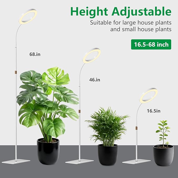 Full Spectrum Grow Light with Stand for Indoor Plants, Floor Plant Light, 6/12/18H Timer, 3 Color Modes, Adjustable Height 16.5–68in, for Large Plants & Home Décor(Tri-Head,White)