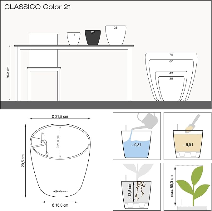 Lechuza Classico Color 21 White, Self-Watering Small Round Planter, D8.3 H7.9 in