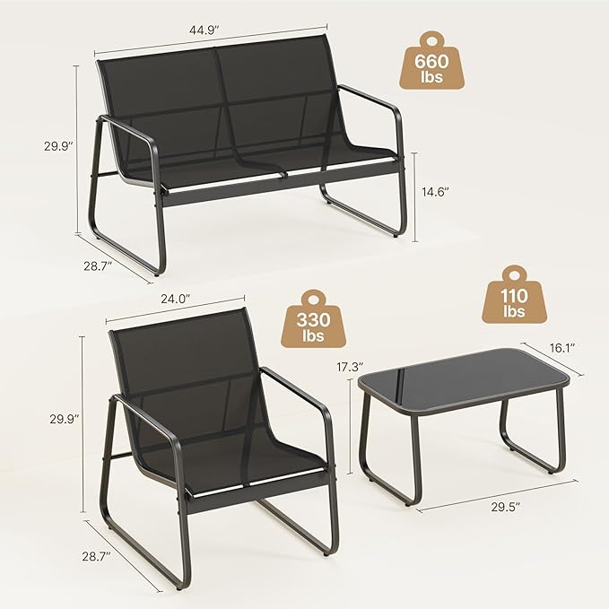 Gizoon 4 Piece Patio Furniture Set, Outdoor Patio Furniture with Loveseat and 2 Single Chairs, Bistro Table and Chairs Set for Backyard, Balcony, Lawn,Black