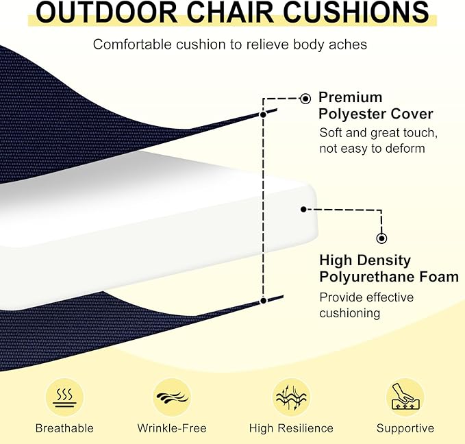 downluxe Outdoor Chair Cushions Set of 2 for Patio Furniture, Water-Resistant Patio Chair Cushions with Ties, High Density Foam Outdoor Seat Cushion, 17" X 16" X 2", Navy