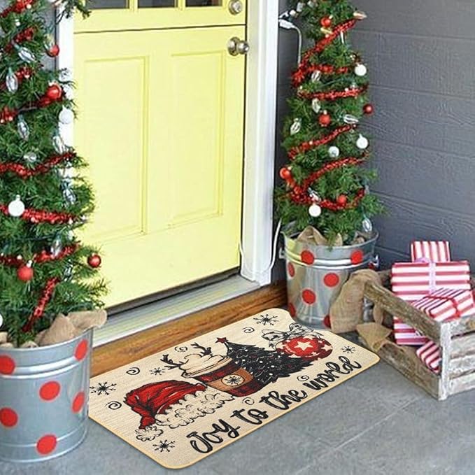 Christmas Welcome Doormat，Winter Outdoor Santa Hat Coffee Xmas Tree Rug Decor Floor Front Door Mat Non-Slip Entrance Mat for Home Kitchen Bathroom Decorations 17 X 29 Inch