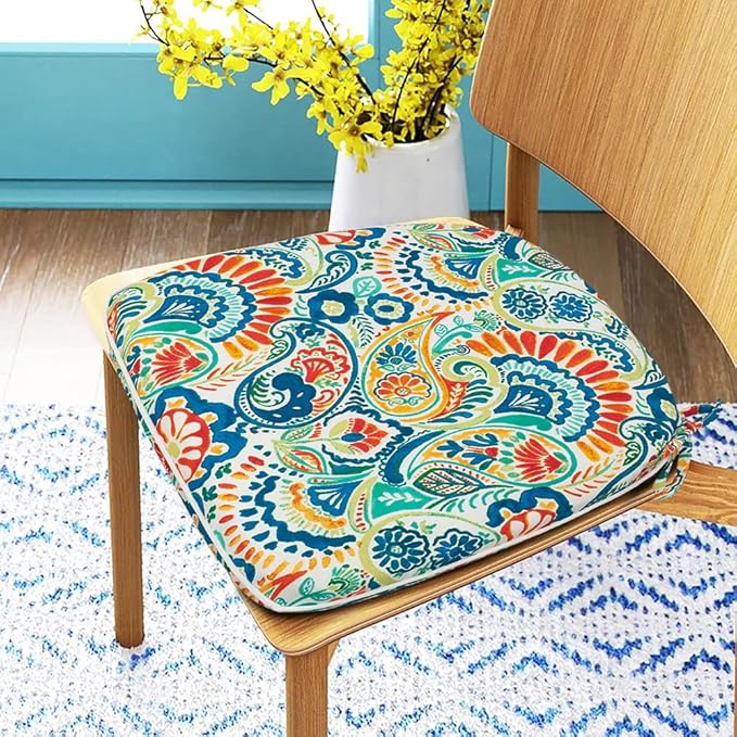 Magpie Fabrics 17"x16"x2" U-Shape Chair Cushions with Ties 2 Count, Outdoor Indoor Waterproof All Weather Seat Pads Decoration for Patio Garden Dining Office - Paisley Multi