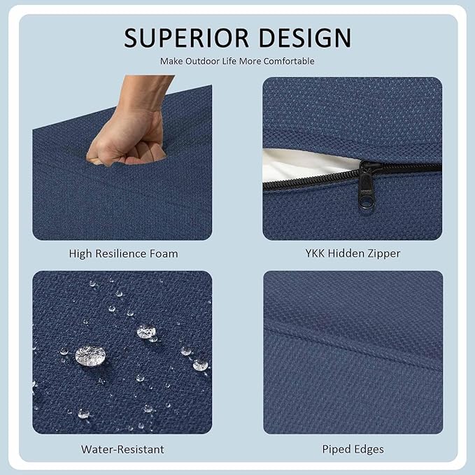 24x24 Inch Outdoor Deep Seat Cushions Set of 2,Thick High-Density Foam, Water-Resistant, Piped Edges & YKK Hidden Zipper for Patio Furniture,Blue