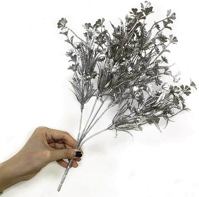 Artificial Plants for Christmas, CATTREE Plastic Grass Faux Shrubs Fake Leaves Simulation Flowers Bushes Home Indoor Outdoor Garden Wedding Festival Decoration Hall Table Planter Filler – Silver 2 Pcs