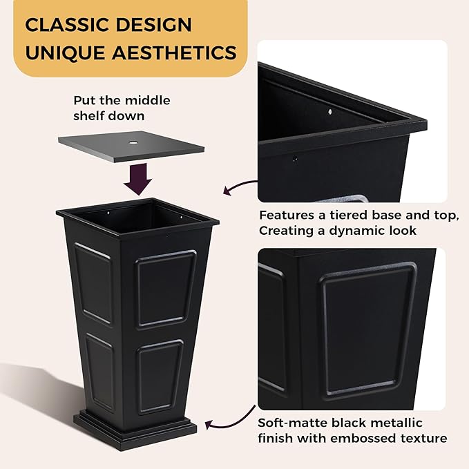 23" Tall Metallic Planter for Outdoor Plants Set of 2, Tapered Steel Flower Pot with Removable Middle Partition Drainage Holes, Large Metal Planters for Front Porch, Garden, Patio, Balcony, Black