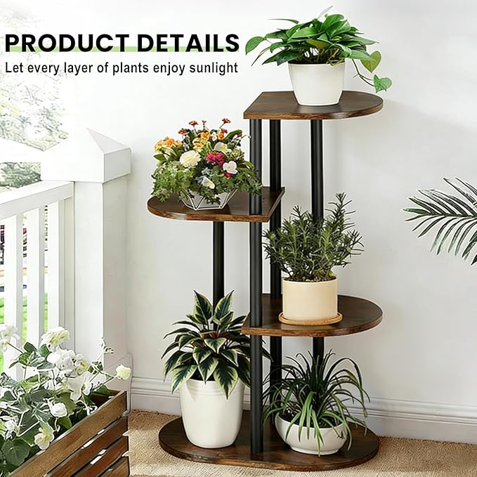 Tiered Plant Stand Indoor, Tall 4 Tier 5 Potted Wooden Plant Shelf for Multiple Plants, Multi Plant Holder Indoor for Patio Garden Patent Design Living Room Bedroom, Rustic Brown