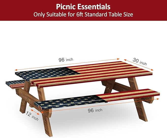 KENOBEE Picnic Table Cover with Bench Covers 8FT 3PCS, Camping Essentials Waterproof Windproof Tablecloth with Drawstring Bag, Fitted Rectangle Tables and Seats, 96", US Flag