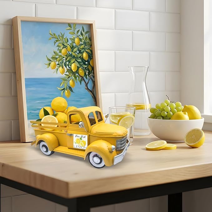 Easter Decorations 13.4 Inch Farmhouse Vintage Truck with 20 Magnets Interchangeable Seasonal Decor Rustic Metal Pickup Spring Holiday Easter Centerpieces for Tables Home Garden, Yellow