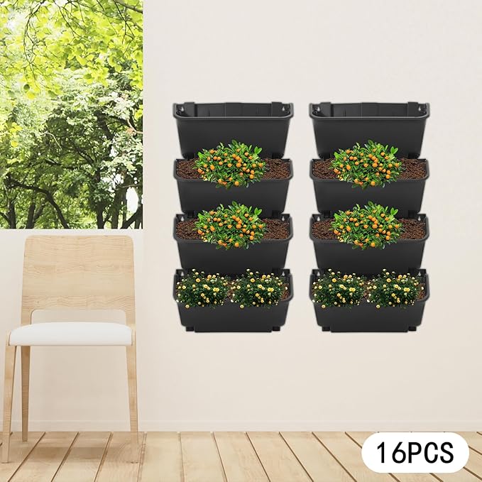 Eapmic Vertical Wall Planter with 16 Pots, Hanging Garden Plant Flowerpot Holder, Stackable Wall-Mounted Planter, Balcony Planters for Flowers Vegetables Fruits (Black, 16 Pots)