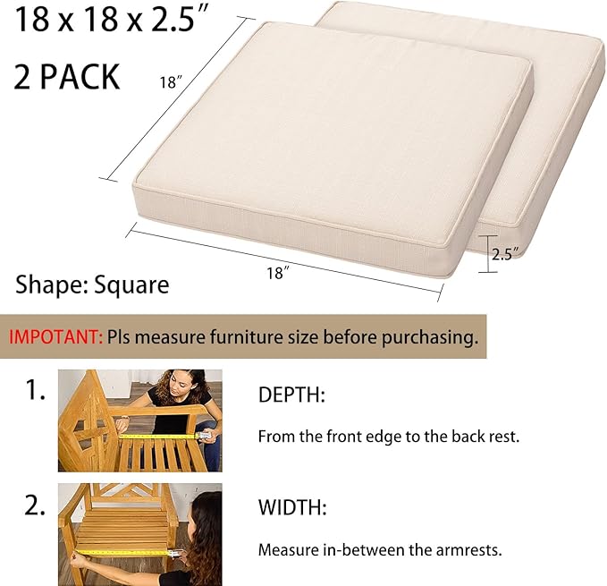 Magpie Fabrics Indoor Outdoor Waterproof Square Chair Cushion, 18" x 18" x 2.5", 2 Pack, Water Resistant Seat Cushions, for Patio Garden Office, Beige