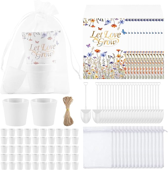 200 PCS Let Love Grow Wedding Favors for Guests Include 50 Flower Seed Packets 50 Pots 50 Organza Bags 50 Garden Shovel for Bridal Shower Wedding Party Favors, No Seeds