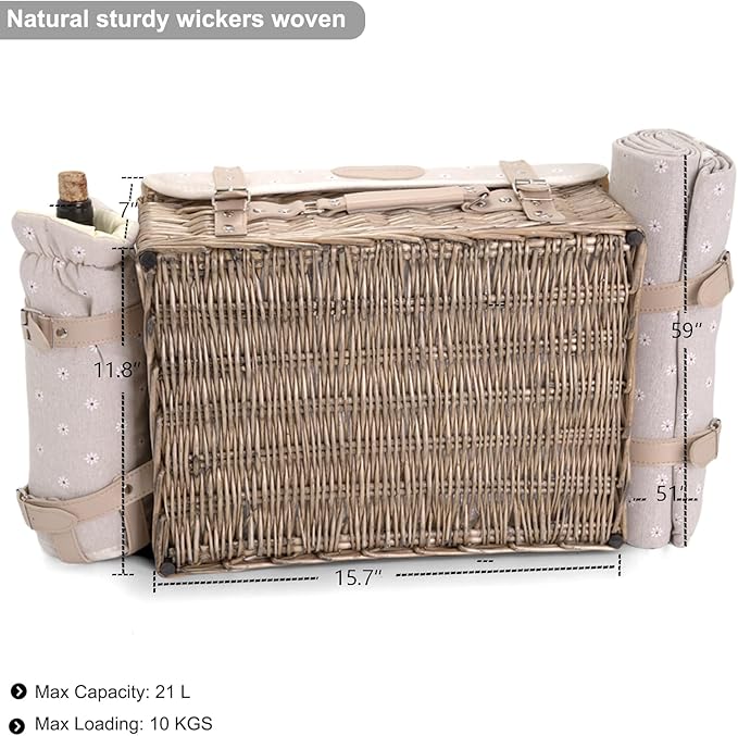 Multifunctional Wicker Picnic Basket Set for 2 with Blanket and Picnic Table, Insulated Picnic Set with Full Tablewares for Camping Outdoor Couples, Flowers