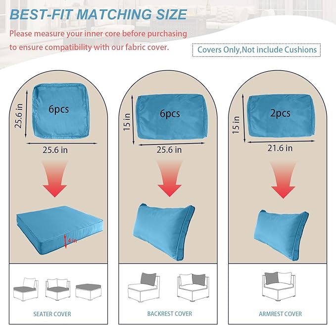 Outdoor Cushion Covers for Patio Furniture, Patio Cushion Covers Replacement with Zipper, Waterproof & Fade Resistant,Only Cover (Sky Blue, 25.6Lx25.6Wx4H - Only Covers)