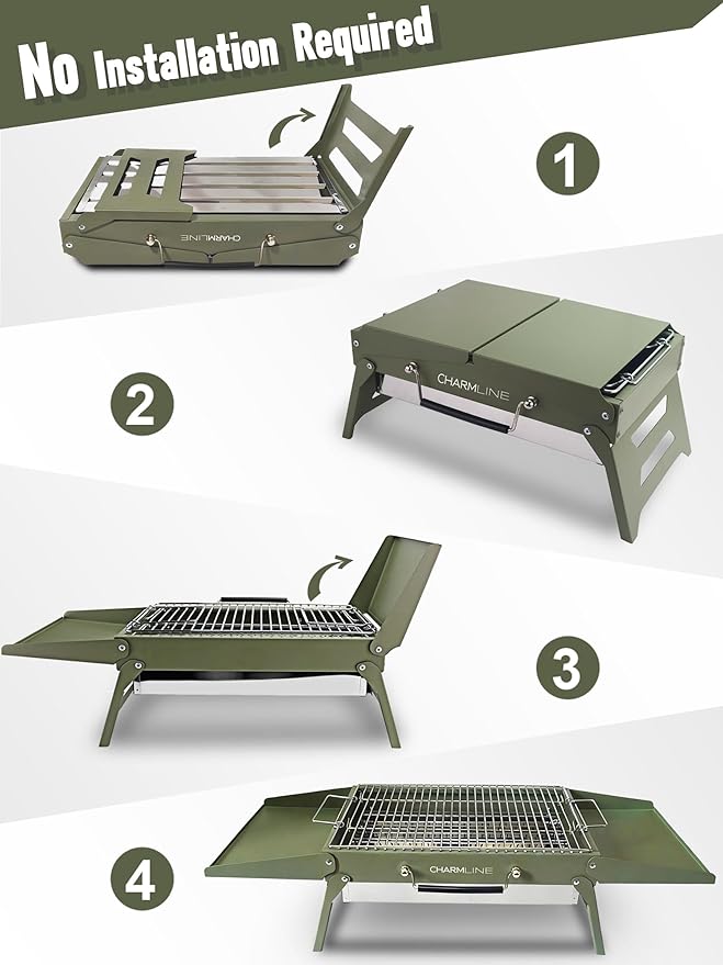 Charmline 15x11 inches Portable Charcoal Grill, Compact Portable BBQ Grill, Tabletop Charcoal Grills for Camping, Picnics, Gardens and Beach Parties, Green