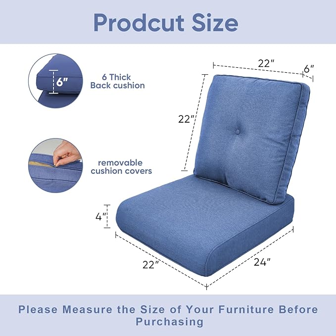 8-Piece Outdoor Patio Cushion Set - Fade & Water Resistant with Removable Olefin Cover, 22x24x4 Inch Memory Foam Cushions for Wicker Sectional Sofa – Blue/Buckle