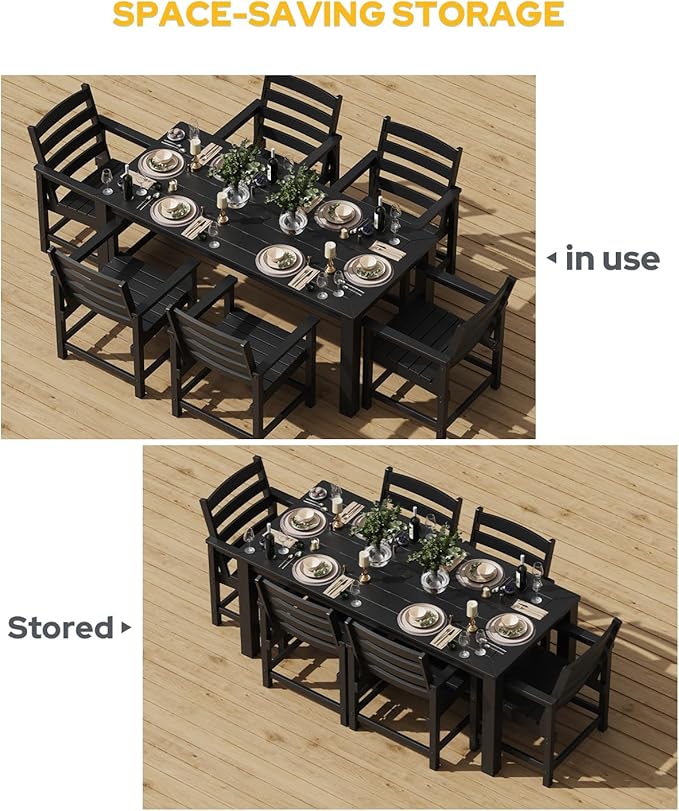 Outdoor HDPE Dining Table Set 7-Piece, All-Weather Outdoor Table and Chairs with Umbrella Hole Cut-Out, Patio Furniture for Garden, Backyard, Deck (Black)