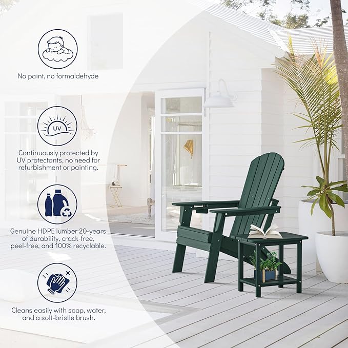 Plawdlik Folding Adirondack Chair, SGS Tested, Wooden Textured with Cup Holder, Heavy All-Weather HDPE Comfortable Set Poolside Backyard Lawn Green Set 4