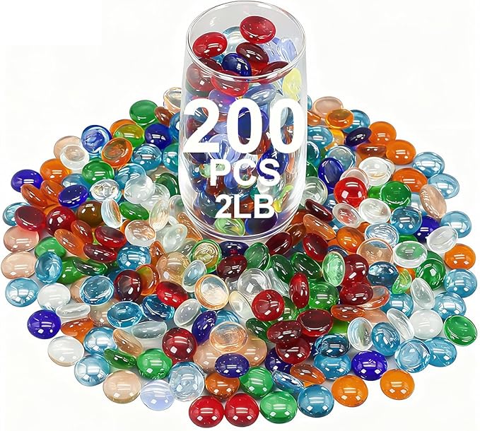 Mini Glass Gems for Vase,Mixed Colour Glass Stones Flat Bottom Marble Beads for Aquarium Fish Tank Planter Crafts Home Decorative Art Craft Vase Filler (Colorful, 2 Pounds)