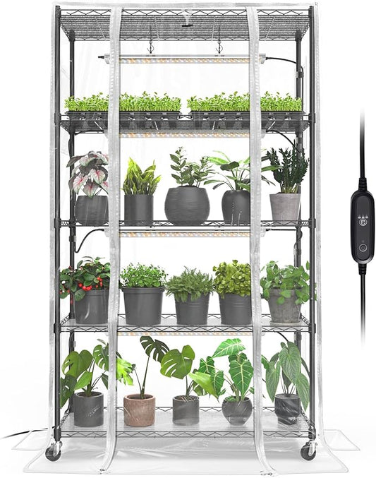 Bstrip Indoor Greenhouse with Grow Light, Mini Green House with 4 Pack 24W Full Spectrum Plant Lights with Timer, Plant Shelf with Tent for Indoor Plant, Seed Starting, Seed Tray, 35.4"x13.8"x59"