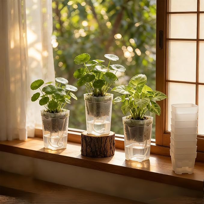 20 Pack 2” Mini Self Watering Pots for Indoor Plants, Small Clear Plastic Planters with Water Level Indicator & Drainage Holes, Perfect for Alocasia Corm Propagation, Seedling, Cuttings