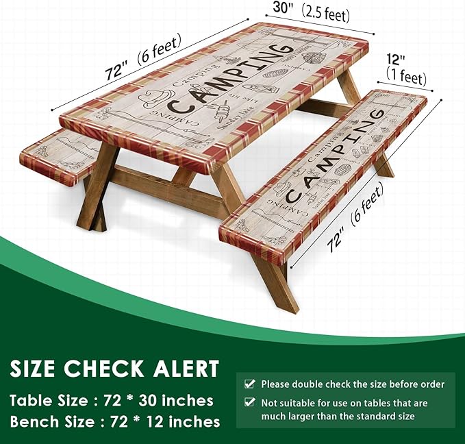 Picnic Table Cover with Bench Covers Elastic Edges, Red Camper Fitted Table Cover, Outdoor Patio Camping Essentials 72 Inch 3PCS, Waterproof Camping Fitted Tablecloth with Drawstring Bag