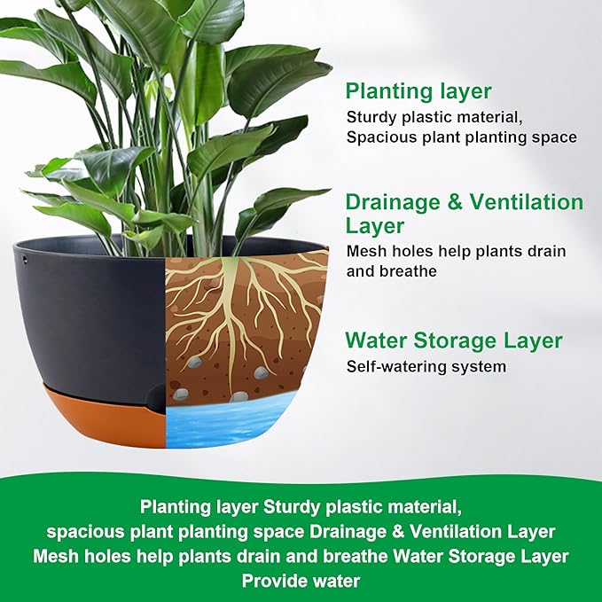 12/10/8/8 Inch Pots for Plants, 4 Pack Large Self Watering Pots for Indoor Plants with Drainage and Saucers, Plastic Outdoor Flower Pot(Grey)