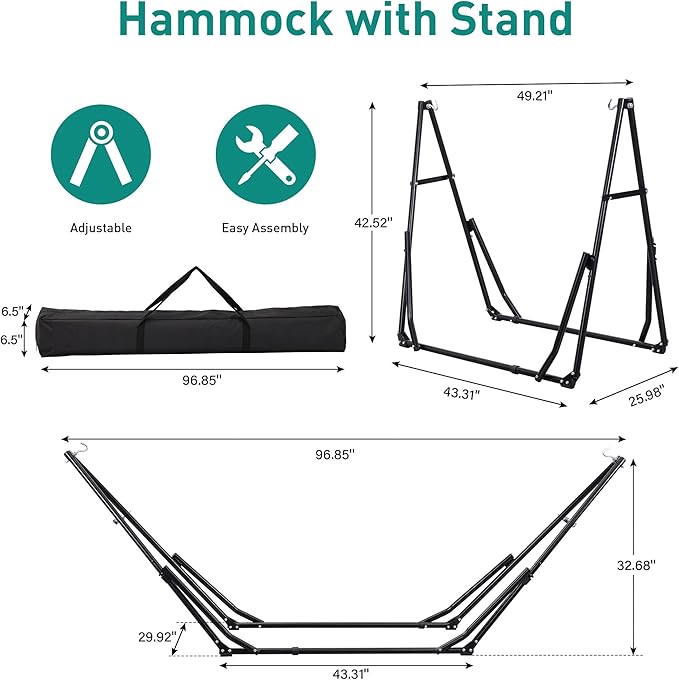 Ainfox Hammock with Foldable Stand, 2 in 1 Hammock and Swinging Chair with Carrying Bag, Portable Camping Chair Suitable for Outside, Swing,Patio,Garden,Camping Trip Grey