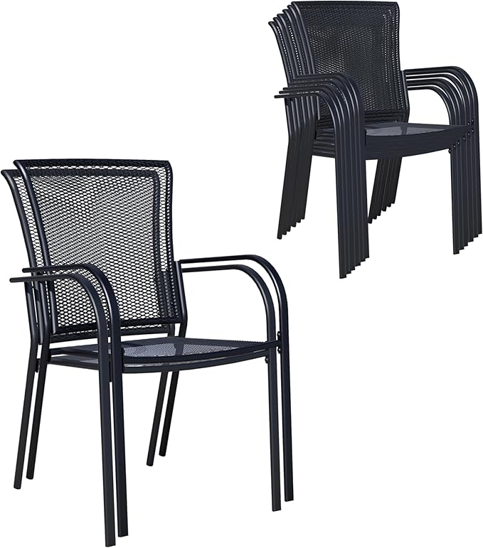Patio Dining Chairs Set of 8, Black Stackable Outdoor Dining Chairs, Metal Mesh Patio Furniture Set for Garden Backyard Lawn Deck Support Over 300 lbs