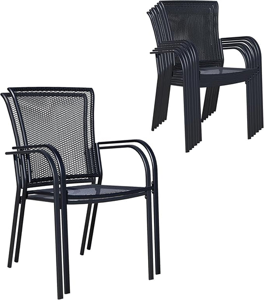 Patio Dining Chairs Set of 8, Black Stackable Outdoor Dining Chairs, Metal Mesh Patio Furniture Set for Garden Backyard Lawn Deck Support Over 300 lbs
