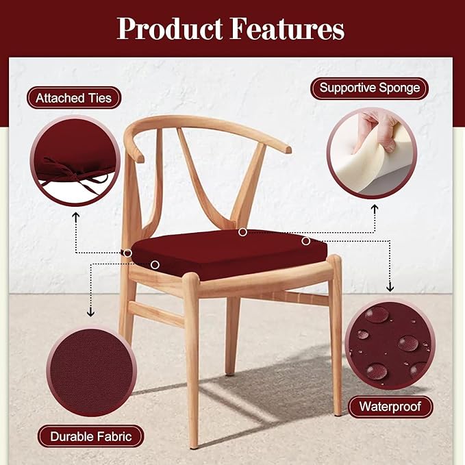 Cozyide Outdoor Chair Cushions, Waterproof Patio Seat Cushions with Adjustable Straps, Round Corner Patio Chair Cushions for Garden, Burgundy, 17x16x2 Inch (Pack of 4)
