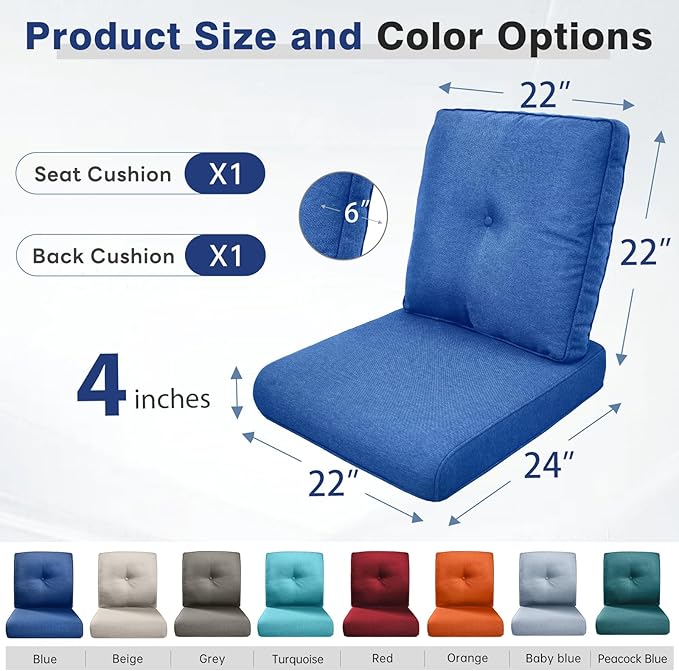 Belord Luxury 4" Thick Outdoor Cushion Set - 22 x24 Inch 28D Sponge Filling Fade-Resistant Chair Cushion, Spill Proof Removable Patio Furniture Replacement Cushions for Sofa Bench Swing - Blue