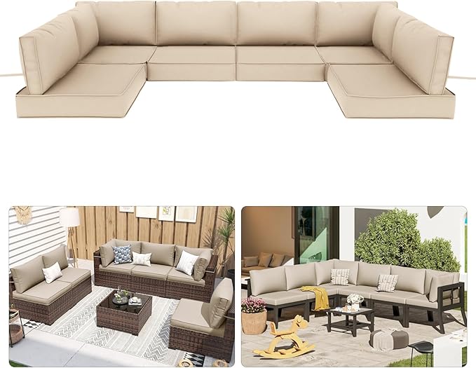 Patio Sectional Cushions, 14-Piece Replacement Cushions for Outdoor Furniture, Water-Resistant Outdoor Sofa Cushion for 6-Seat Rattan Wicker Sectional Conversation Sets (Khaki111)