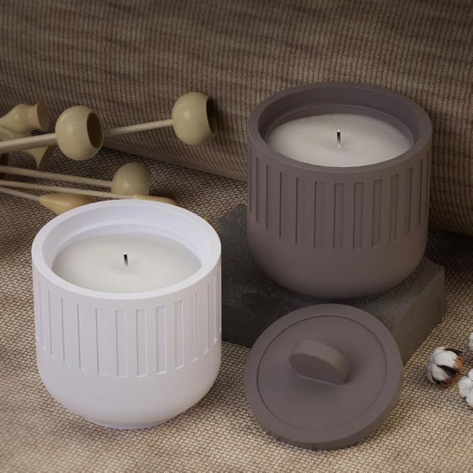 Storage Box with Lids, Silicone Candle Jar Molds Set, Creative Vessels Pot Molds, Concrete Round Stripe with Cover Bottle Making Moulds for Storage Holder (D-Striped-I)