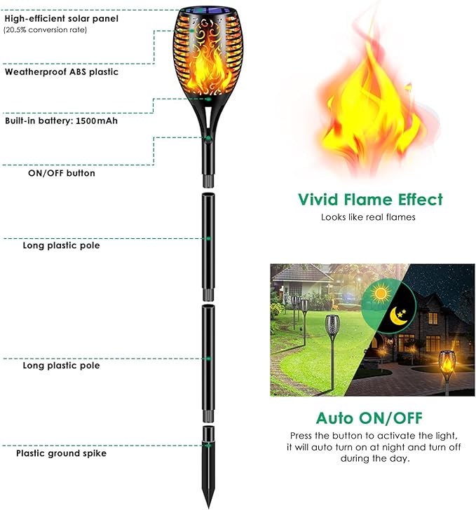 TomCare Solar Lights Outdoor 99 LED Higher & Larger Flickering Flame Solar Torch Lights 43" Waterproof Outdoor Lighting Solar Powered Pathway Walkway Lights for Outside Garden Patio Yard, 4Pack