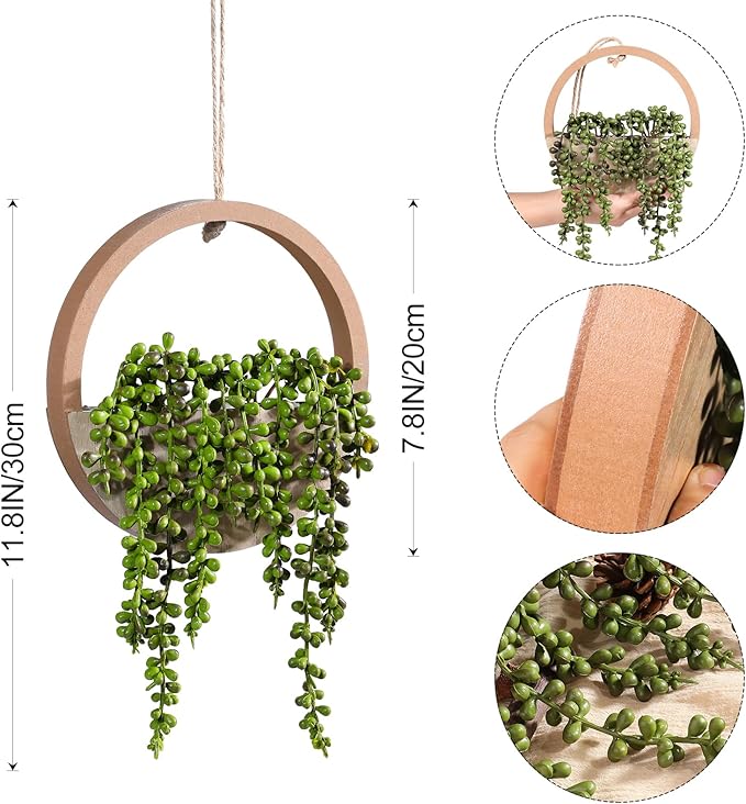 2 Pack Fake Plants, Large Artificial Hanging Plants Hanging Planter Fake Succulents Artificial String of Pearls with Pot and Lanyard for Living Room Bathroom Home Office Wall Decoration