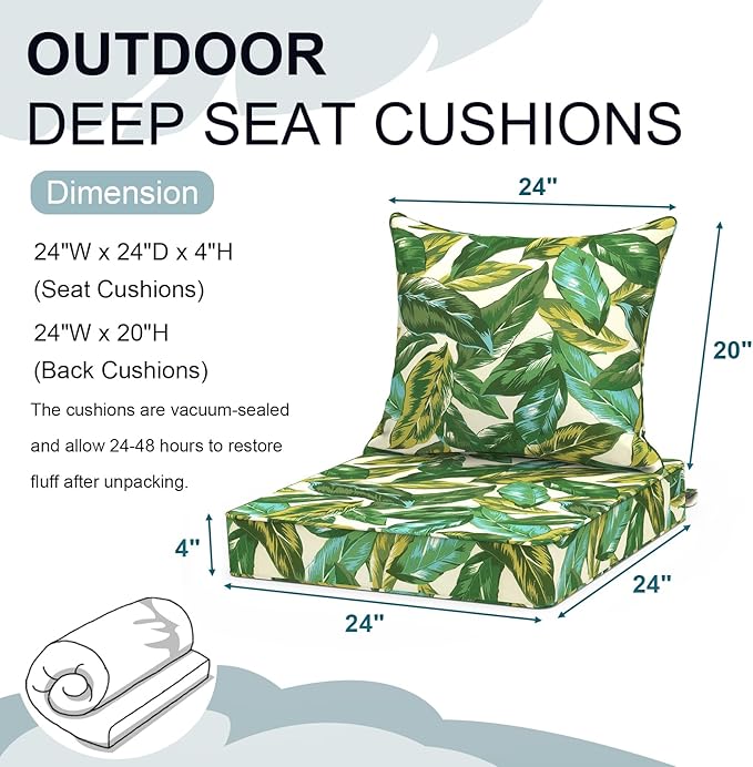 Outdoor Deep Seat Cushion Set, Water Repellent 24"x24" Patio Thick Cushions Replacement with Seat & Back Pillow for Patio Sofa, Wicker Chair, Couch - Lush Leaf Jungle