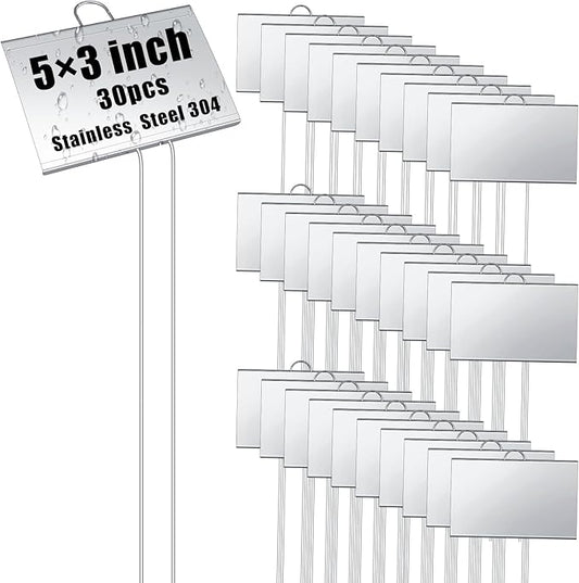 Landhoow 30 Pcs Large Garden Plant Markers Metal Plant Labels Sign 5'' x 3'' with 21'' Stake Weatherproof Waterproof Garden Sign for Outdoor Seedlings Herbs Vegetable Greenhouse, Sliver
