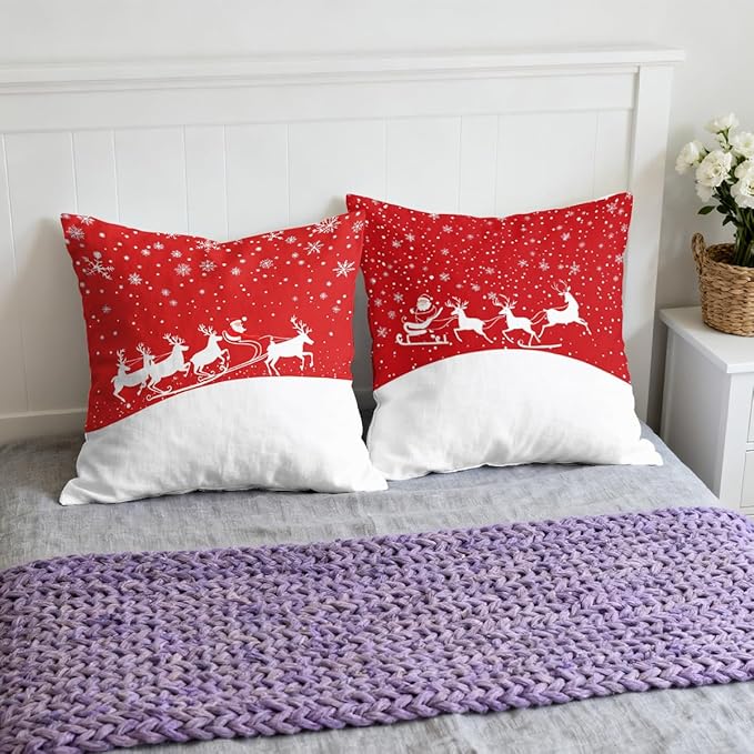 Christmas Red Pillow Covers 18x18 inch Set of 4, Santa Sleigh Reindeer Snowflake Winter Throw Pillows Cover Sofa Couch Pillow Cases for Farmhouse Indoor Home Decor Decorations